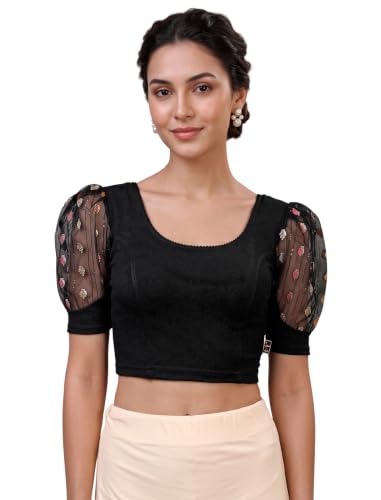 Image of SFT Women's Cotton Lycra Blend Readymade Saree Blouse with Round Neck Half Sleeves Solid Pattern Knit Weave Regular Fit and Pull On Closure