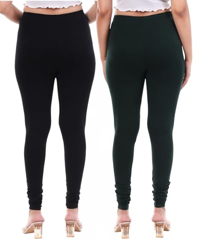 Image of TPF Women Solid Cotton Lycra 4 Way Stretchable Leggings | Combo Pack of 2 Comfortable Churidar-Length Slim Fit Leggings for Women & Girls