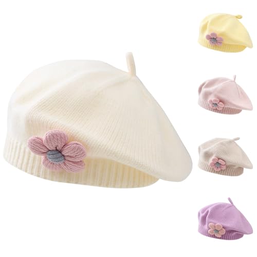 Winmany Baby Beret Hat Toddler Winter Knitted Beanie Cap with Cute Flower Little Girls French Hat for 0-3Years (White)
