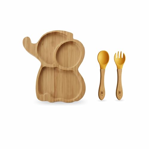 Image of Kids Station Elephant Wooden Feeding Plate with Spoon and Fork for Babies - Yellow | Eco-Friendly Self-Feeding Baby Tableware Set (3 pcs)