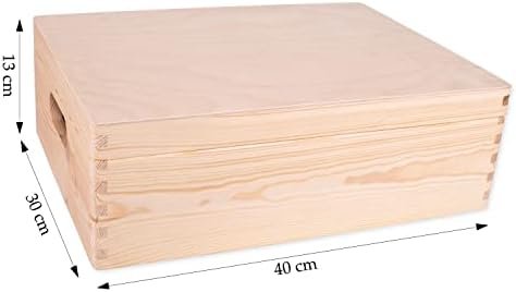 Unfinished Wood Box With Lid And Handles For Storage, Decoration, Organisation, Large Natural Wooden Craftsmanship, Rustic Home Decor, 40 x 30 x 14 cm.