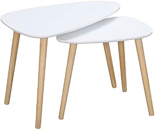 HOMCOM Modern Side Table Set of 2, Triangular Nest of Tables, End Table with Solid Wood Legs, for Living Room Bedroom, White