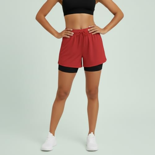 Image of Women's 2-in-1 Athletic Shorts with Inner Tights Layer, Drawstring Waist, for Running, Gym & Sports, Plus Size S to 6XL