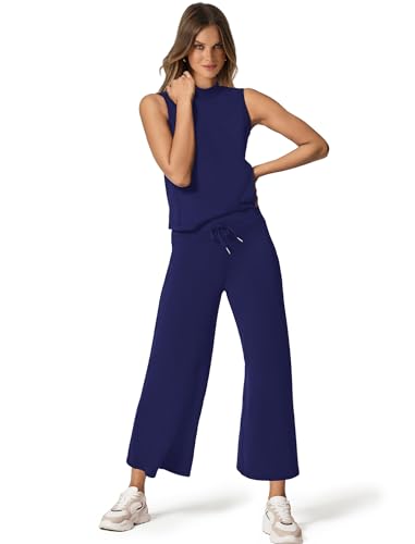 Image of SAMPEEL Two Piece Sets for Women Summer Outfits Lounge Sets Mock Neck Tops Wide Leg Crop Pants Vacation Travel Outfits