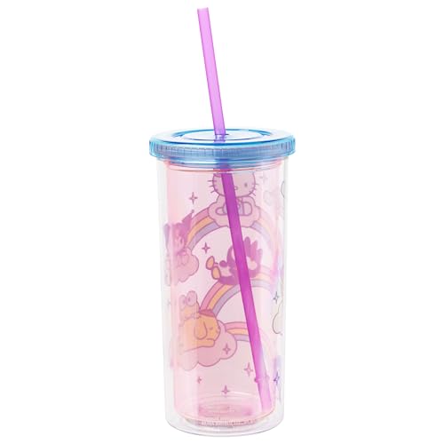 Image of Silver Buffalo Hello Kitty FRIENDS Rainbows Clouds, Plastic Cold Cup, 20oz | Tall, Includes Lid and Straw, Sanrio, 0.59 Liters