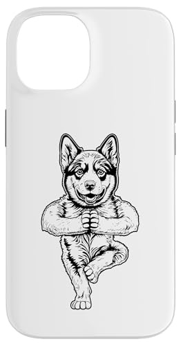 I cuccioli di cane portano armonia. Tranquillo cane Siberian Husky cucciolo di yoga meditando in yoga albero vrikshasana posa design.