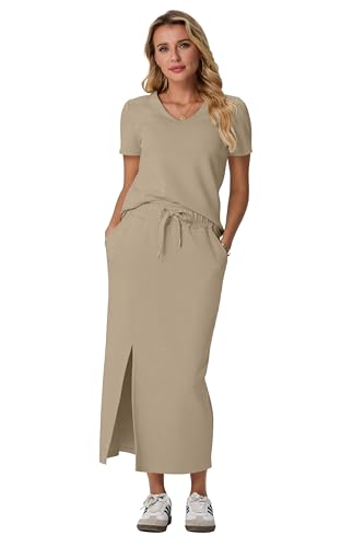 Image of GRECERELLE Women Summer Casual 2 Piece Sets V-Neck Wrinkle-Free Top & Elastic Waist Midi Side Slit Skirt with Pockets