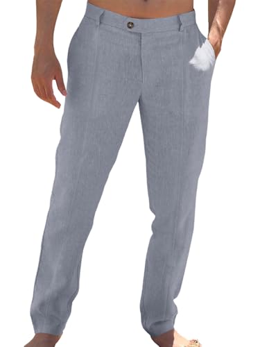 Runcati Mens Cotton Linen Casual Pants Dress Elastic Waist Trousers Grey — Amazon listing image