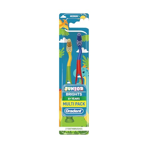 Oradent Junior Brights Toothbrush 6+ Years Soft - Gentle Bristles for Kids Ergonomic Grip Fun Design - Pack of 2