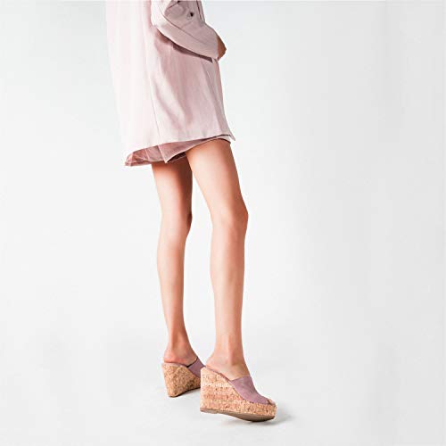 Image of LEHOOR Cork Wedge Mules for Women Platform Slide Sandals Peep Toe, High Wedge 4.5Inch Slippers Microfiber Suede 6-11 M US