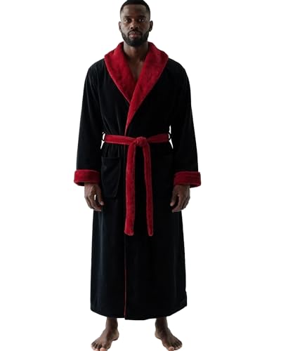 Alexander Del Rossa Mens Robe, Plush Fleece Hooded Bathrobe Men, Black with Burgundy Contrast XL (A0125BKBXL)