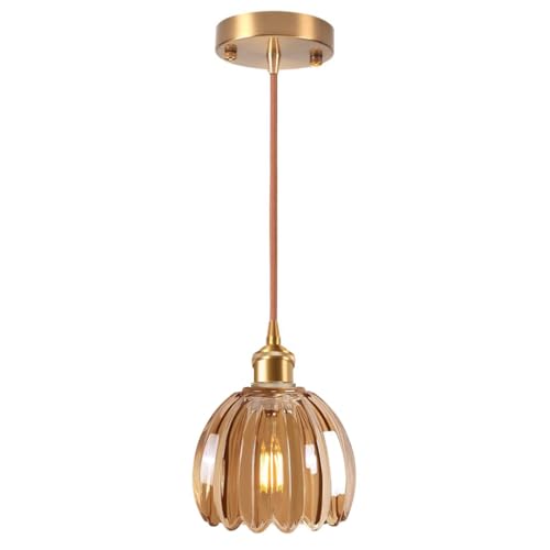 DLGLOLIN Suspension en Verre Ambre Fleur Vintage Laiton Doré Lustre Salon Moderne Éclairage de Plafond Art Déco Intérieure Suspendues Pour Salle à Manger Chambre Cuisine
