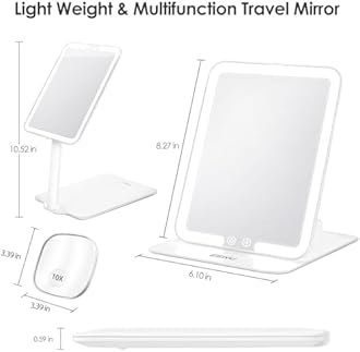 ESWU Travel Makeup Mirror with Light, Portable Folding Make Up Tabletop Mirror with 10X Magnifying Mirror Rechargable 3 Colors Light Compact Vanity Mirror with Adjustable Stand (White)