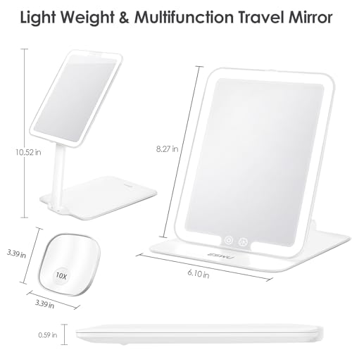 ESWU Travel Makeup Mirror with Light, Portable Folding Make Up Tabletop Mirror with 10X Magnifying Mirror Rechargable 3 Colors Light Compact Vanity Mirror with Adjustable Stand (White)