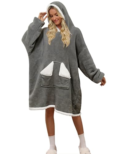 Glamnest Oversized Hoodie Blanket， Sherpa Wearable Blankets with Pocket & Sleeves, Soft Fleece Wearable Hooded Sweatshirt for Women Men One Size Grey