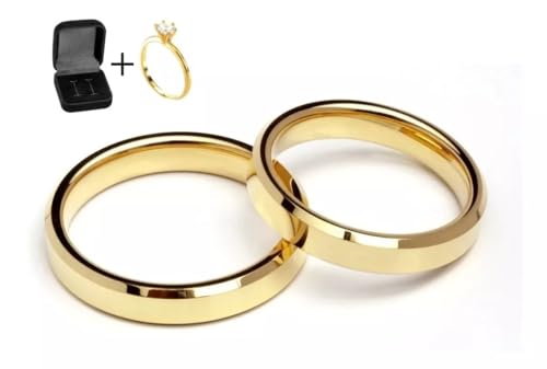 Alianças Par 4mm Ouro Reta Chanfrada Banhadas 24k com Caixa de Veludo e Anel Solitário Anatomicas Casamento Compromisso Noivado