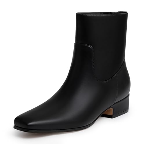 Athlefit Women's Black Low Heel Ankle Boots Fashion Square Toe Chunky Block Heel Short Booties with Side Zipper Size 7.5