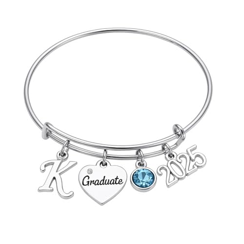 Personalized Graduation Bracelet 2025 – Adjustable Bangle with Initial, Graduate Heart, Birthstone, and Year Charms – Custom Jewelry Gift for Her or Senior Class Grads