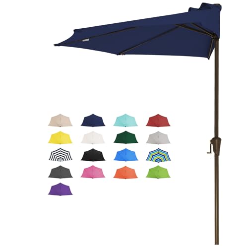 JEAREY 9ft Half Umbrella Outdoor Patio Umbrella Market Umbrellas with Crank 1/2 Round Wall Umbrella 5 Sturdy Ribs UV Protection for Pool Garden Balcony Deck Navy