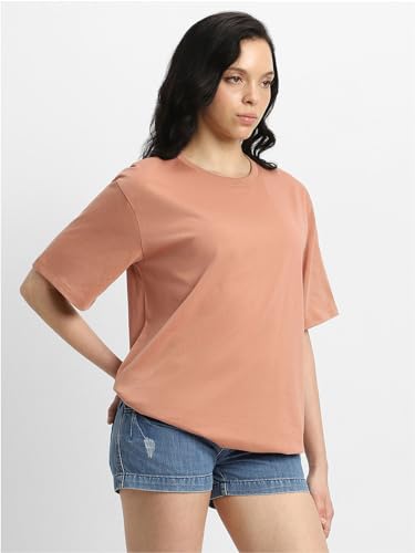 Image of JUNEBERRY Pure Cotton Oversized Baggy Fit Half Sleeve Drop Shoulder Plain Solid Round Neck T-Shirt for Women (Available in Black, White, Lilac, Cork, Maroon, Royal Blue, Swan White, Soap Nut Colors)