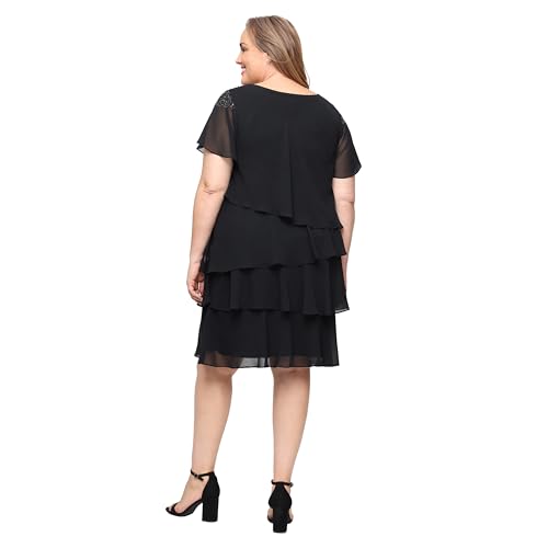 Image of S.L. Fashions Women's V-Neck Chiffon Cocktail Dress with Beaded Shoulders and Asymmetrical Tiers (Petite and Regular Sizes)