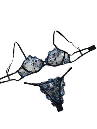 Conjunto de lencería sexy para mujer, bordado floral, encaje hueco, traje de dos piezas, sujetador y tanga ajustable, corsé push-up ajustable, ropa interior para mujer, azul negro, S