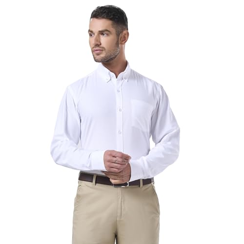 Cotton King Mens Dress Shirts 100% Cotton Long Sleeve Solid Formal Shirts for Men Button Down Business Casual Oxford Shirts with Pocket- White - (XL)