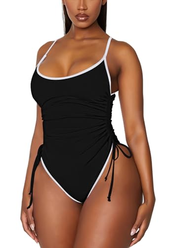 Viottiset Women's Ruched Drawstring One Piece Swimsuit Tummy Control High Cut Bathing Suit Black