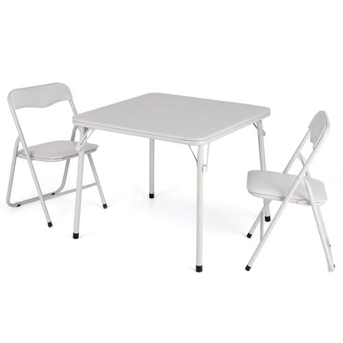 GarveeHome Folding Card Table and Chair Set of 3, Upholstered Foldable Table and Chair Set, Portable Metal Frame Children's Activity Table and Chairs Set for Eating, Reading, Playing, Beige