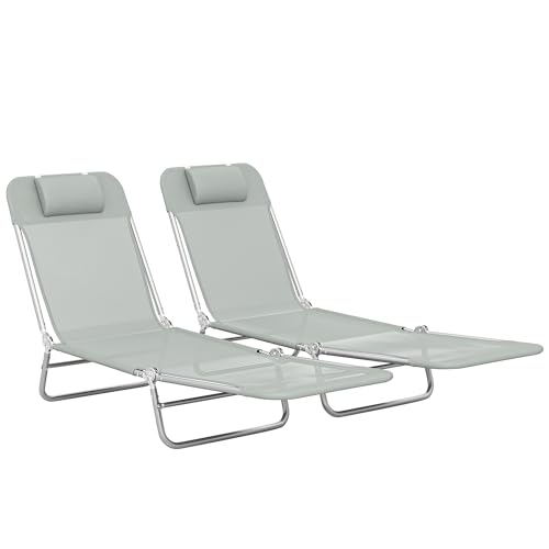 Outsunny Lot de 2 chaises longues pliables, dossier réglable, chaise longue de jardin inclinable avec coussin appui-tête, gris clair