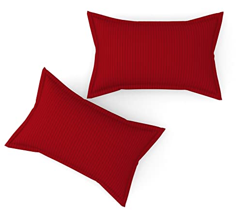 Image of DECOR2ADMIRE 300 TC Premium Glace Cotton All Round Elastic Fitted Plain Stripe Pastel Shades Queen Size Bedsheet with 2 Pillow Covers (Red, Super King 108 inch x 108 inch)