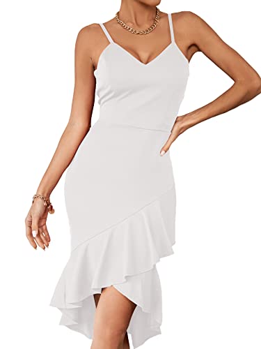 Umenlele Women's V Neck Wrap Asymmetric Ruffle Hem Sleeveless Spaghetti Strap Bodycon Party Midi Dress White Small #TOP5