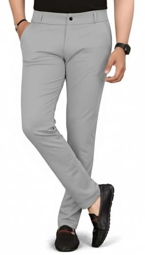 Image of Mehrang Men's Slim Fit Casual Mid Rise Trousers, Cotton Blend, Side Pockets || Classic Slim Fit Chino Pants || Business Casual Dress Trousers