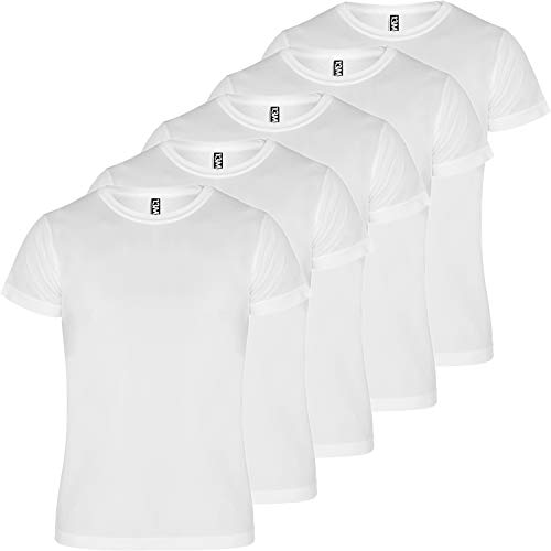 Camiseta técnica Hombre | Pack 5 | Tejido técnico para Deporte | Transpirable | Running, Fitness, Fútbol, Padel (Blanco, L)