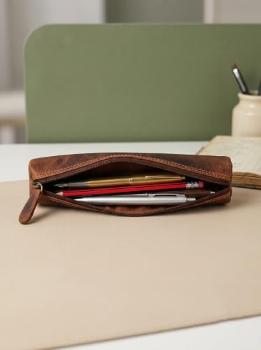 Image of Calfnero Genuine Leather Pen-Case for Men & Women | Premium Leather Pencil-Pouch with Zipper (Kara) | Cylindrical Pen-Holder Organizer for Pen, Pencils & Stationery | Unisex Pen-Sleeve