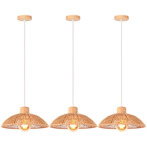 iDEGU Lot de 3 Suspension Luminaire en Rotin et Bois Rétro Bohème Lustre Plafonnier Abat-jour 30CM Vintage Lampe de Plafond E27 Éclairage Décoration pour Salon, Chambre, Salle à Manger (Rotin Marron)
