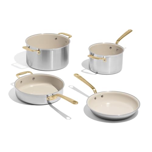 Image of Made In Cookware - 7-Piece CeramiClad Non Stick Pot and Pan Set (Antique Brass Handle) - 5-Ply Stainless Clad - Professional Cookware - Crafted in Italy - Induction Compatible