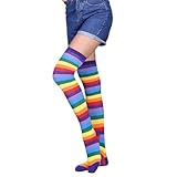 Benefeet Sox Mardi Gras Thigh High Socks for Women Colorful Rainbow Striped Socks Over the Knee High Socks Cute Long Tube Thigh High Stockings Leggings Cosplay Witch Socks Gay Pride Socks Gifts