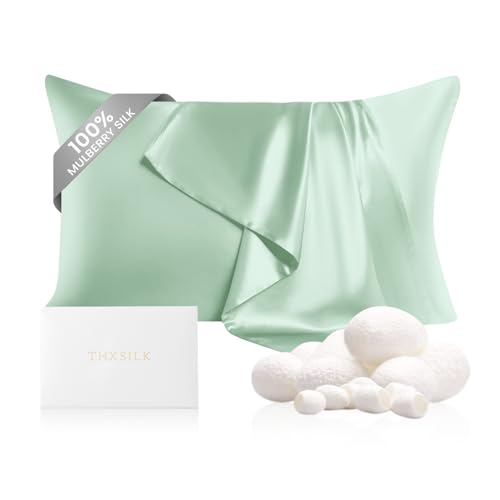 Image of THXSILK 100% Mulberry Silk Pillowcase for Hair and Skin, Grade 6A+ Mulberry Silk Pillow Cases 22 Momme, Hypoallergenic Pillow Case Cover with Zipper, 1pc (Queen 20 inchx30 inch, Turquoise Green)
