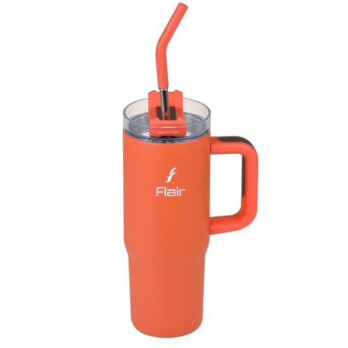 Image of FLAIR Vogue Insulated Tumbler with Lid, 2 Straws & Brush-750ml | Stainless Steel Sipper with Handle | Hot & Cold | Car Cupholder Friendly | Travel, Gym, Gift (Mandarin Orange)