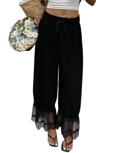 Image of UAURORAO Women Lace Trim Bloomer Pants Flowy Culottes Pantaloons Bloomers