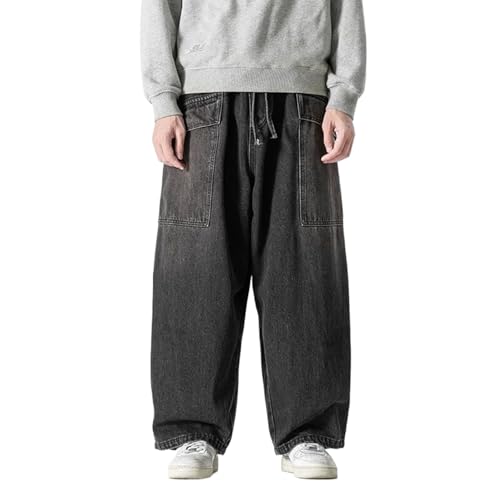 Autumn Men Baggy Jeans Vintage Plain Pants Casual Wide Leg Loose Fit Denim Hip Hop Straight Trousers