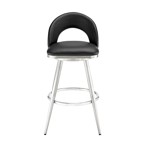 Armen Living Charlotte Swivel Bar Stool in Brushed Stainless Steel with Black Faux Leather