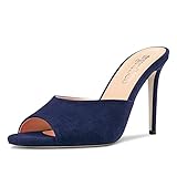 TNYNFBEB Women Stiletto High Heel Peep Open Toe Sandals Slingback Slip-on Wedding Office Cute Basic Classic 3.9 Inches Heels Navy Blue 8 M US