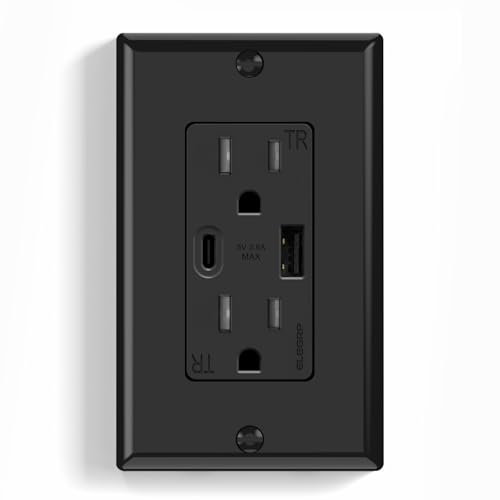 ELEGRP Wall Outlet 15 Amp C Wall Outlets Receptacles Outlets with A and C Ports Tamper Resistant Receptacle Wall Plate Included UL Listed 1 Pack Black