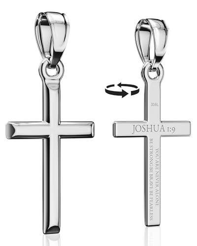 ZENLUNANO Cross Pendant Necklace with Bible Verse - JOSHUA 1:9 Small Elegant Silver Tone - Top-grade 316L Stainless Steel Sleek Polished Design Christian Jewelry for Men and Women