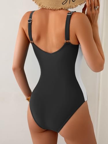 Women's One Piece Swimsuits Tummy Control Bathing Suit Color Block Slimming Swimwear Ruched Swim Suit3