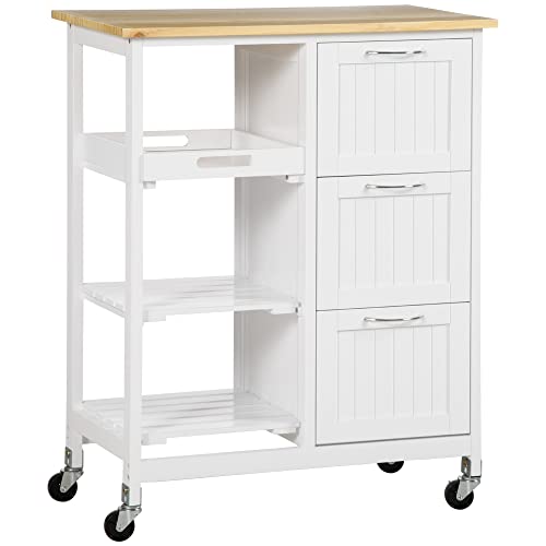 HOMCOM Carro Auxiliar de Cocina Carrito Verdulero con 3 Cajones 2 Estantes Abiertos y Bandeja Extraíble para Comedor Salón BCarga 40 kg 67x37x87 cm Blanco