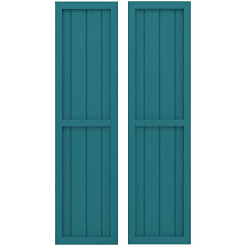 14"W x 79"H Americraft Four Board Exterior Real Wood Two Equal Panel Framed Board-n-Batten Shutters (Per Pair), Antigua