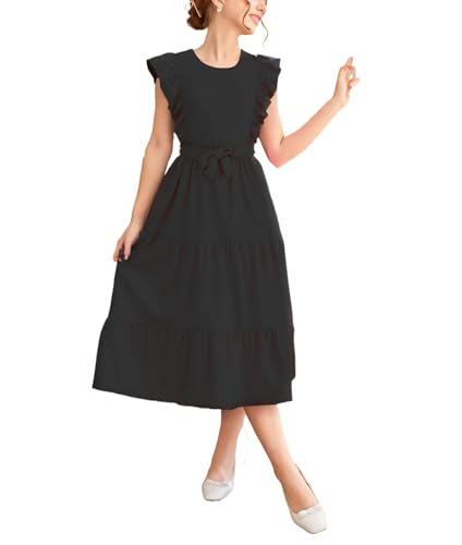 Girls Summer Dresses Ruffle Sleeve Dress A Line Swing Belted Casual Solid Color Party Dress 6-14 Years